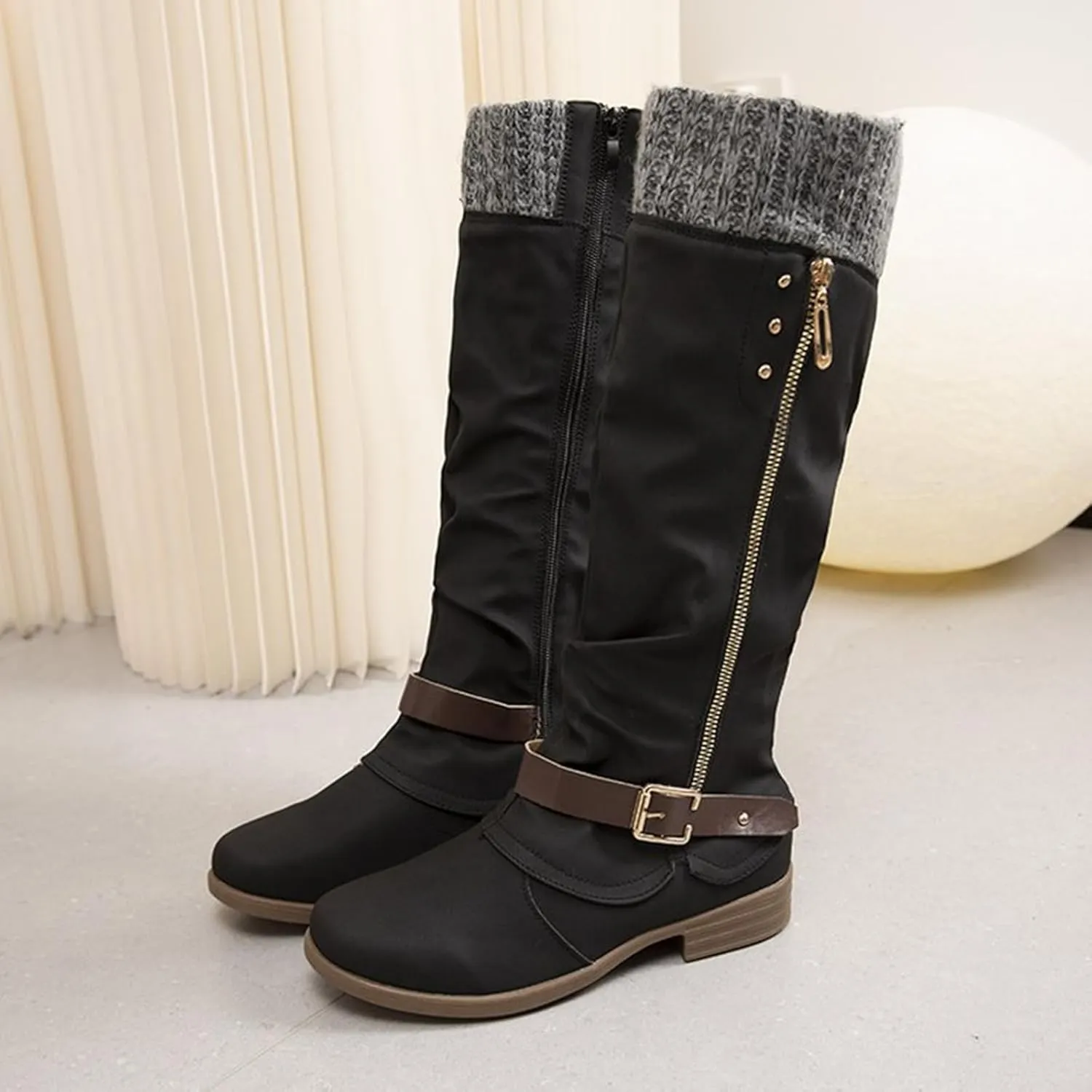 ZHOUYF Womens Mid Calf Snow Boots Fashion Side Zipper Low Heel Non-Slip Knight Booties Winter Warm Retro Western Cowboy Boots