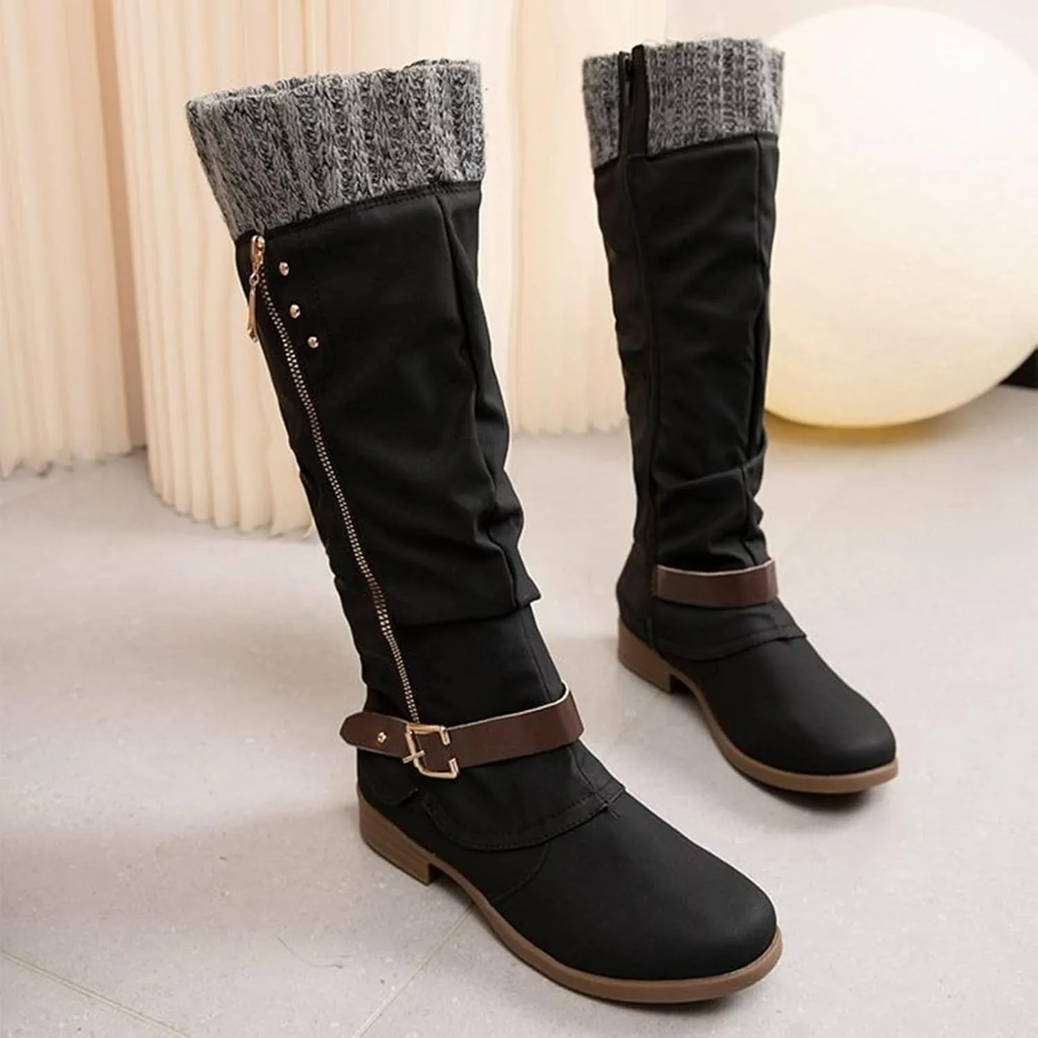 ZHOUYF Womens Mid Calf Snow Boots Fashion Side Zipper Low Heel Non-Slip Knight Booties Winter Warm Retro Western Cowboy Boots